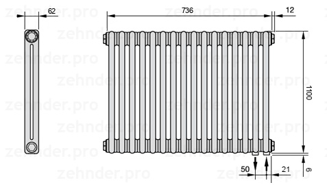 Схема (чертеж) Радиатор Zehnder Charleston 2110/16 №5510 Белый глянцевый RAL 9016
